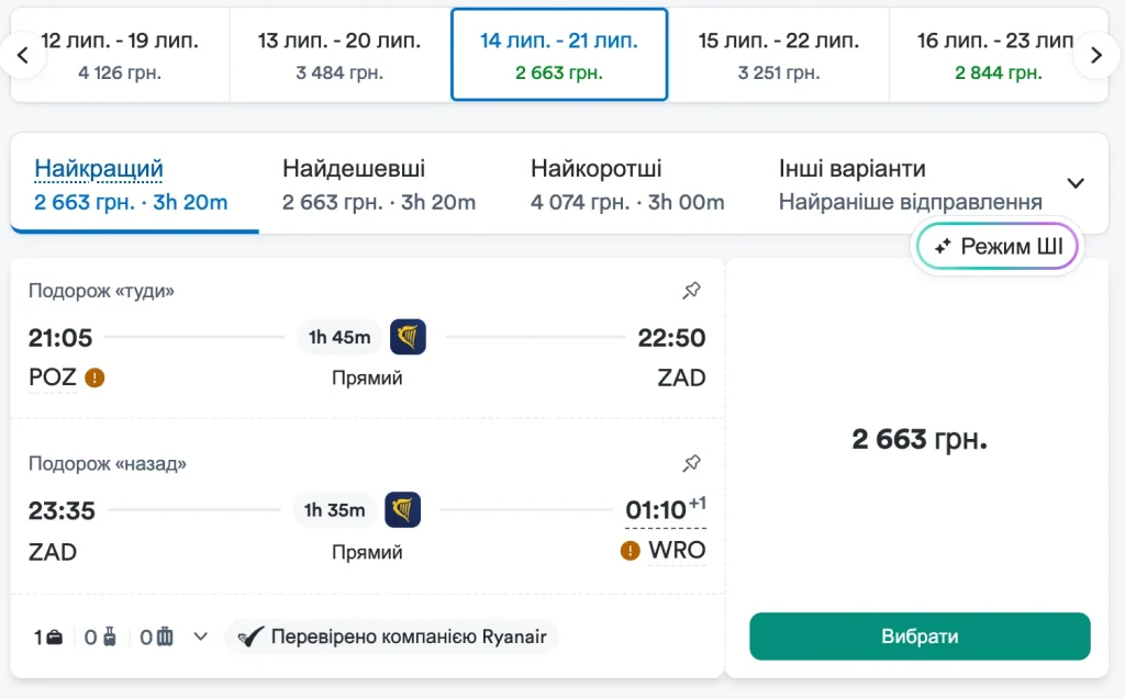 Вартість перельоту у Задар з Польщі