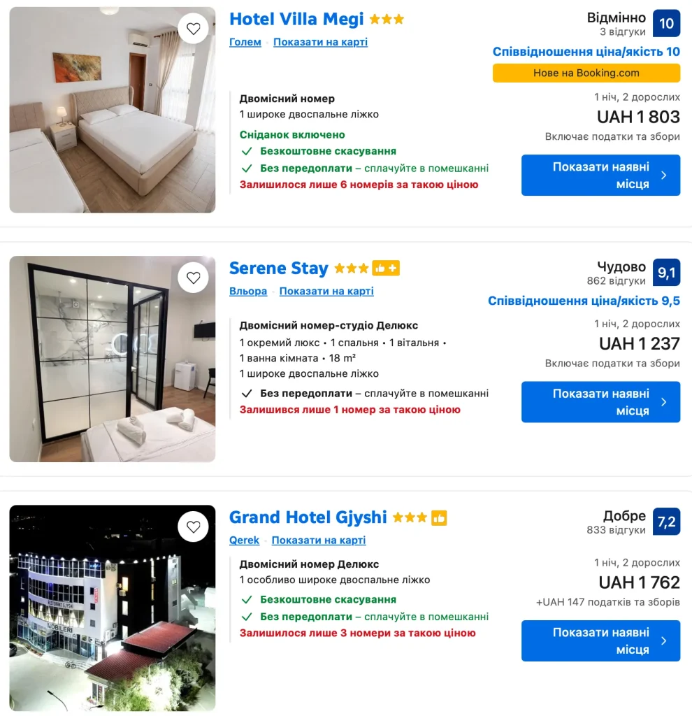 Середні ціни за житло / скриншот з платформи Booking
